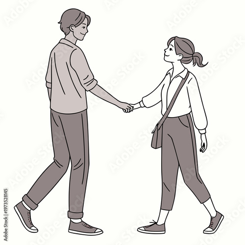 A charming illustration depicts a young couple happily walking hand in hand enjoying a relaxed and affectionate moment together