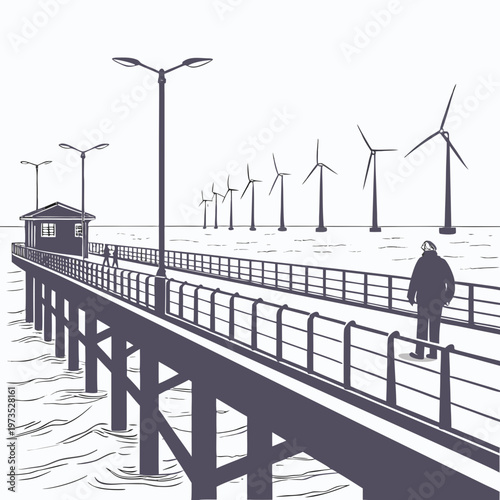 A solitary figure walks along a pier towards distant wind turbines under a muted overcast sky high quality professional detailed