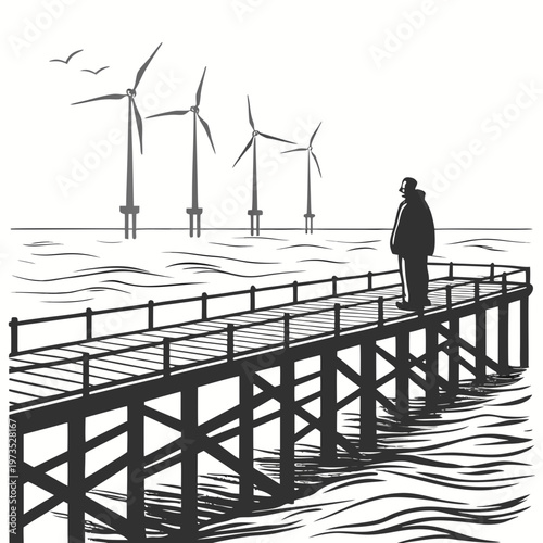 A solitary figure stands on a wooden pier gazing out towards a field of wind turbines in the distance