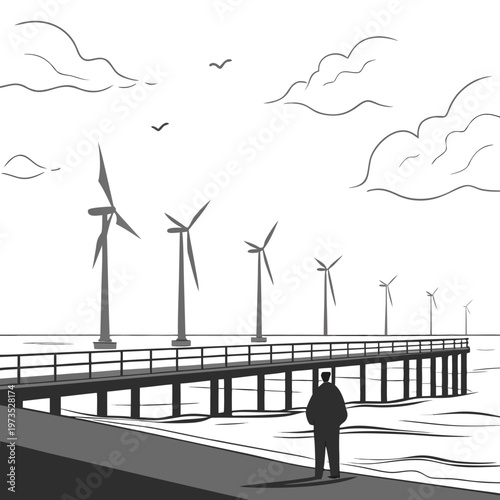A solitary figure contemplates a landscape of wind turbines and a wooden pier extending into the sea under a cloudy sky