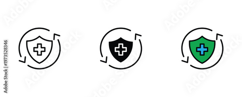 Medical security shield icon set with cross and refresh arrows in line art, solid black, and vibrant green-blue colors for healthcare protection and immune system update concepts. Vector Illustration.