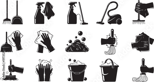 Cleaning Supplies and Tools Icon Set Collection