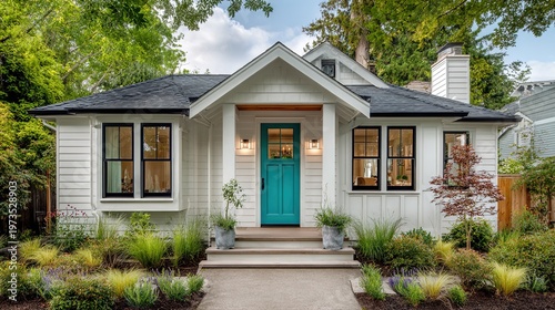 cottage. Charming cottage exterior with a teal door and crisp architectural details. real-estate listings.