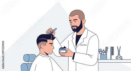 Barber styling clients hair with product and comb.