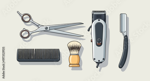 Barber Tools Collection Featuring Scissors Comb Brush Clipper Razor.