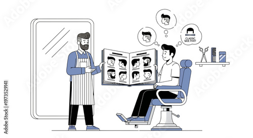 Barber showing hairstyle options to client in salon.