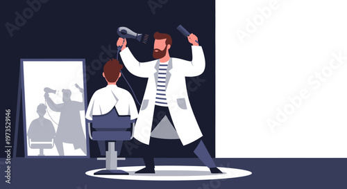 Barber Styling Hair with Two Hair Dryers Energetically.