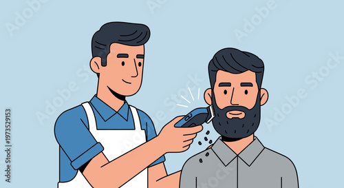 Barber trimming beard of a man with electric clipper.