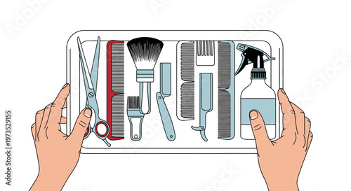 Barber Tools Tray Collection Hairdressing Scissors Comb Brush.