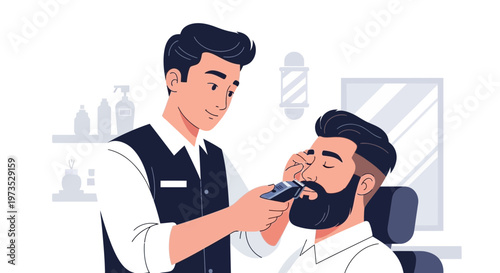 Barber trimming beard of a client with electric trimmer.