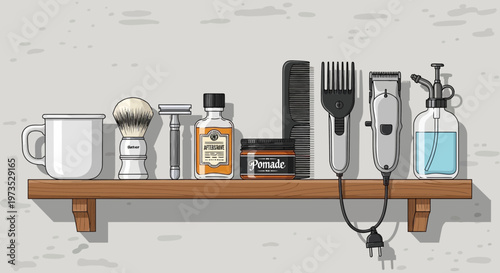 Barber Tools and Shaving Supplies on a Wooden Shelf.