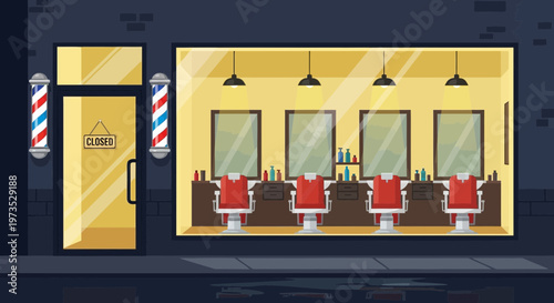 Barbershop Interior with Chairs and Mirrors.