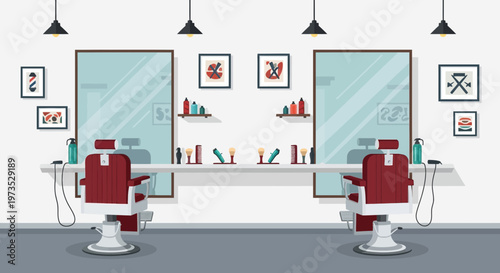 Barbershop Interior with Two Chairs and Mirrors.