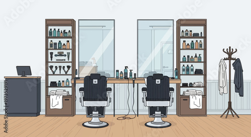 Barbershop Interior with Two Styling Chairs and Mirrors.