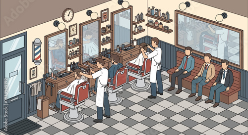 Barbershop interior with customers getting haircuts.