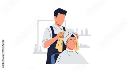Hairdresser drying clients hair with towel in salon.