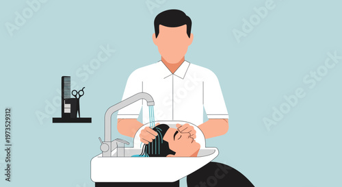 Hairdresser washing clients hair at salon sink.