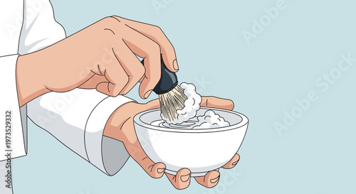 Man preparing shaving cream with brush and bowl.