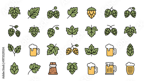Beer Brewing Hops Icons 28 Line Flat Color Symbols Craft Brewery Vector Set