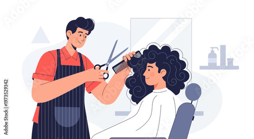Male hairdresser cutting long curly hair of a woman client.