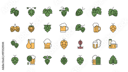 Beer Brewing Hops Icons 28 Line Flat Color Symbols Craft Brewery Vector Set