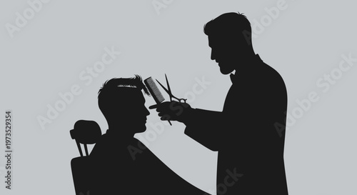 Silhouette of a barber cutting hair with scissors and comb.