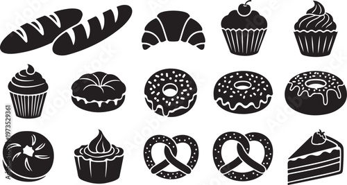 Variety of baked goods icons in black silhouette