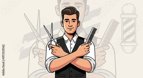 Skilled Barber Poses Confidently Holding Professional Haircutting Tools.