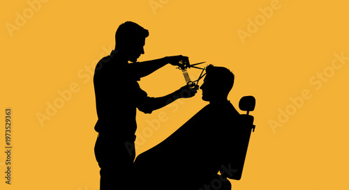 Silhouette of a barber cutting hair with scissors.