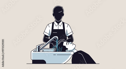 Stylist washing clients hair at salon sink.