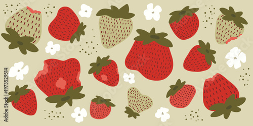Cute strawberry set with bites and flowers, flat hand drawn illustration collection. Flat hand drawn illustration set of strawberries including whole, bitten and unripe berries with small flowers.