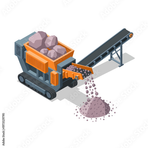 Isometric View of a Rock Crusher Machine Processing Stones.