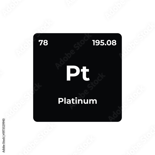 Platinum element tile featuring Pt symbol, atomic number and mass on a minimalist black square, modern periodic table design for chemistry, science, metal, element.