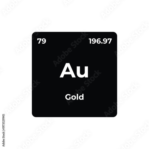 Gold element tile featuring Au symbol, atomic number and mass on a minimalist black square, modern periodic table design for science, chemistry, metal, element.