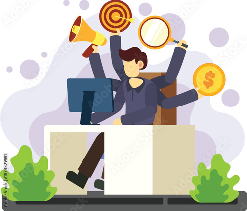 Man multitasking with marketing and business tools illustration