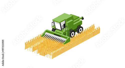 Green Tractor Harvesting Golden Wheat Field.