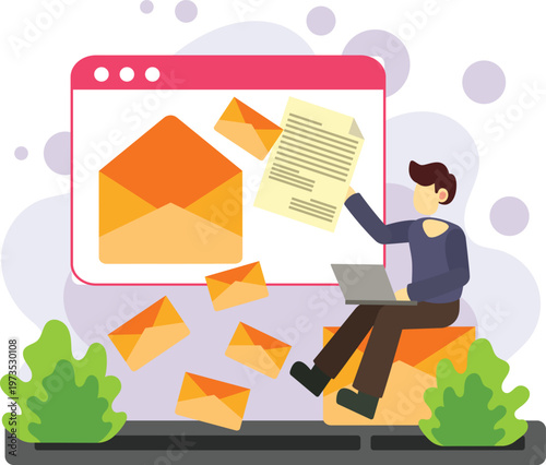 Man checking email messages on laptop screen illustration