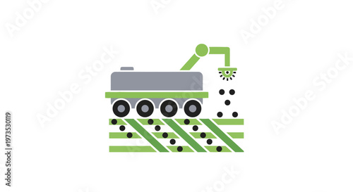 Green tractor seeding agricultural land.