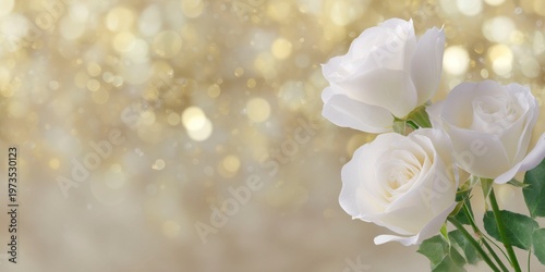 a beautiful banner with white roses, with glittery bokeh lights in soft gold tones in the background.