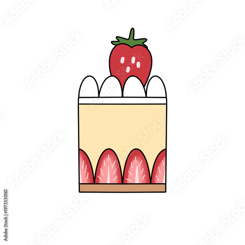 Sweet cake topped with a single strawberry