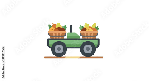 Green tractor with baskets of vegetables.