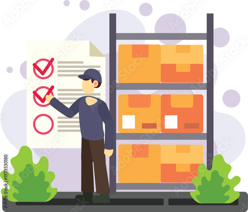 Worker checking inventory in warehouse storage illustration