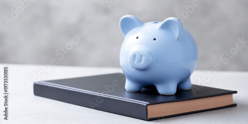 a blue piggy bank on a black book, on a grey background