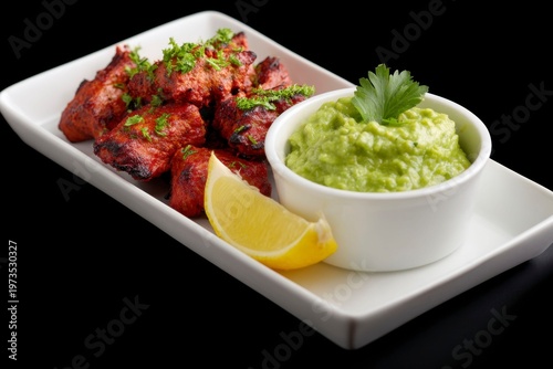 chicken tandoori platter with guacamole and lemon slices on a white rectangular plate