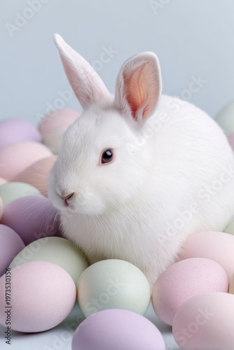 cute white rabbit surrounded by pastel eggs, easter themed