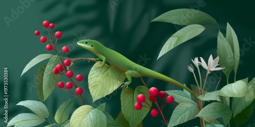 green lizard in the jungle, dark green background with plants, trees, flowers, and red berries
