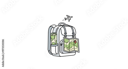 Green travel backpack with airplane.
