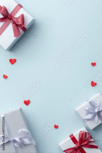 the background is a light blue color, with small red hearts scattered on the left and right sides of several gift boxes tied with ribbons