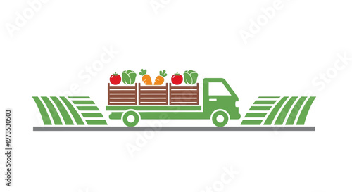 Green truck carrying fresh vegetable produce.