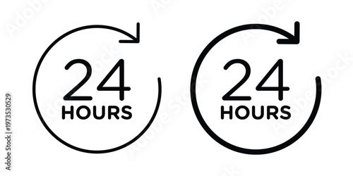 24 Hour time icon symbol. Icon in flat style and line. Black and white